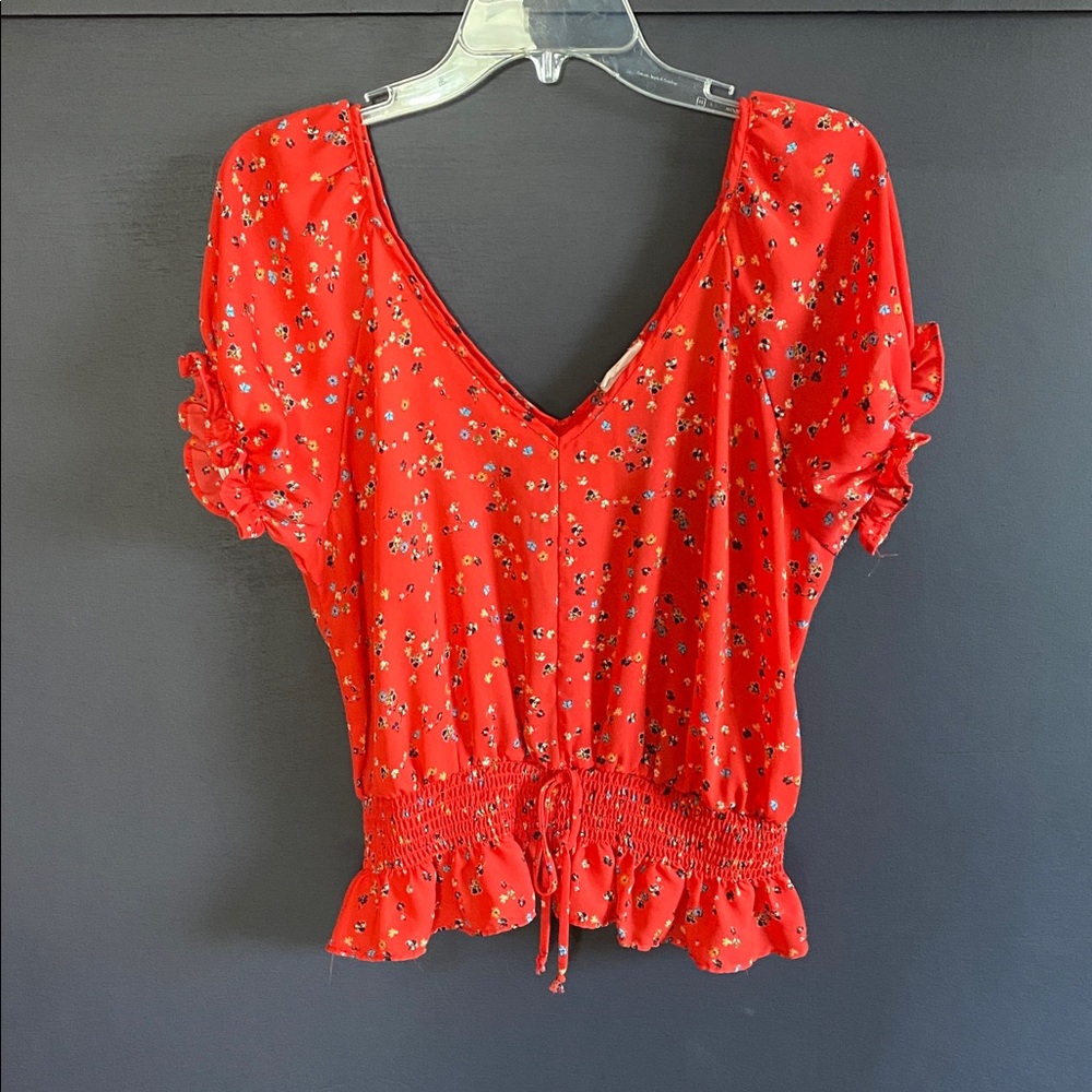 Sienna Sky Red Floral Blouse with Ruffled Sleeves